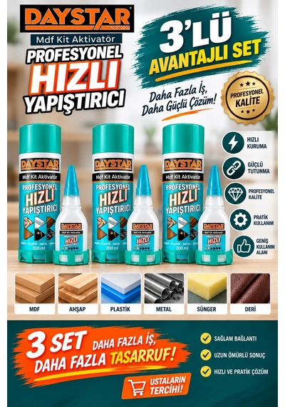 Daystar Profesyonel Hızlı Yapıştırıcı 3 Lü Set Mdf Ahşap Plastik Metal Uyumlu Aktivatörlü Güçlü Ya