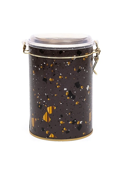 Terrazzo Brown Desenli Kilitli Kapaklı Yuvarlak Metal Kutu, 10.5 X 15 Cm, 1.1 Lt