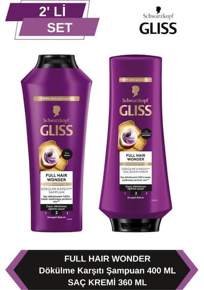 Gliss Full Hair Wonder Dökülme Karşıtı Şampuan 400ml + Saç Kremi 360ml set-hnkl-5222-6364 Tüm Saçlar