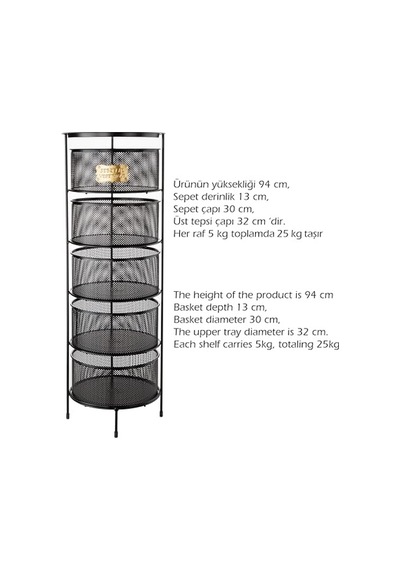 5 Katlı Açılır Kapanır Paslanmaz Metal Sebzelik Yükseklik 94 Cm - Siyah Çok Renkli