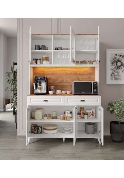 Guneystore Gözde Kahve Köşesi - 140 Cm Mdf Ayaklı Mutfak Dolabı - Led Aydınlatmalı Atlantik Çam - Beyaz Guneystore Gözde Kahve Köşesi - 140 Cm Mdf Ayaklı Mutfak Dolabı - Led Aydınlatmalı Atlantik Çam - Beyaz