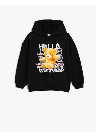 Koton Kapşonlu Sweatshirt Ayıcık Baskılı Şardonlu Slogan Temalı Siyah 5wkg10048ak Siyah