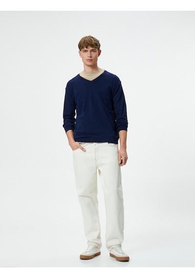Koton V Yaka Kazak Triko Slim Fit Uzun Kollu Lacivert 4wam70116ht725 Lacivert