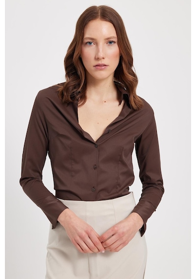 Tudors Kadın Slim Fit Dar Kesim Klasik Yaka Uzun Kollu Kahverengi Gömlek-40353 Kahverengi
