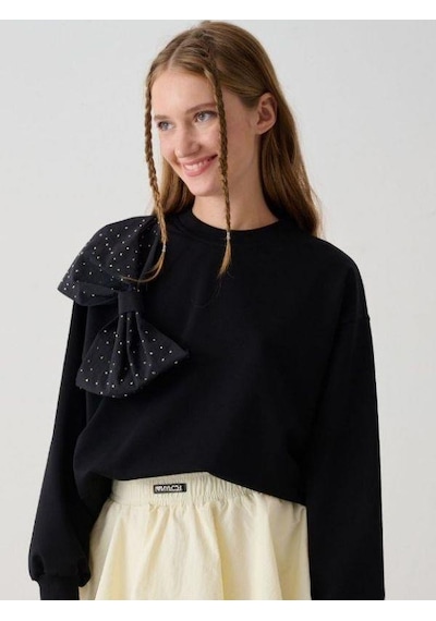 Kız Çocuk Taşlı Büyük Fiyonk Detaylı Sweatshirt-14782 Siyah