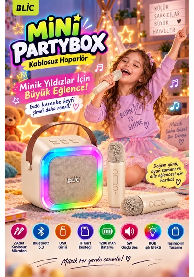 Blic Bls-97 Bej Partybox Çift Kablosuz Mikrofonlu Rgb Led Işıklı Taşınabilir Bluetooth Hoparlör
