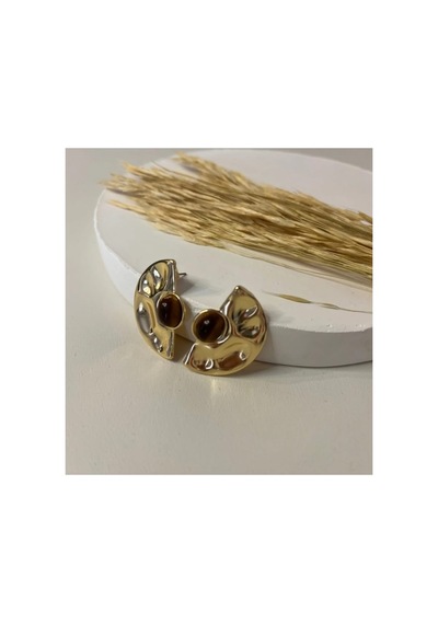 Lunarie Vintage Gold Dalgalı Yarım Ay Küpe Renkli Taşlı Çelik Kahverengi