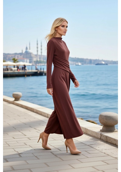 Benerly Kadın Maxi Bodycon Drapeli Yüksek Yaka Uzun Kol Örme Kumaş Bağlam Kahverengi