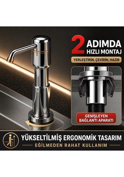 Valkyrie Tezgah Üstü Ankastre Sıvı Sabunluk Pompası 360 Döner Paslanmaz Sabun Dispenseri Gümüş