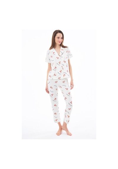 Cottonhill Premium Kadın Pijama Takımı Ayıcık Desenli Yumuşak Dokulu Kısa Kollu Gömlek Yaka Krem