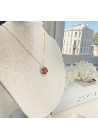 Doğaltaş Kolye Kırmızı Akik Kolye Kaplama Çerçeveli Gold 45cm Gold