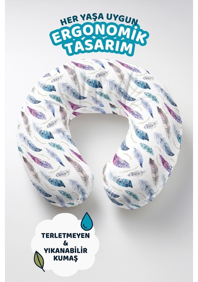 Renkli Tüylü Pamuklu Boyun Yastığı - Bohem Desenli Mor Mavi Yumuşak Seyahat Yastığı Okyanus Gece Mavisi