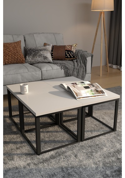 4'lü Kare Orta Sehpa Seti 88x88x40,7 Cm 28 Mm Tabla, Masif Ahşap Ayak Gri / Ceviz Gri Gri