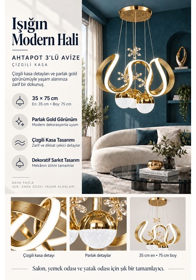 Ahtapot 3 Lü Büyük Modern Ledli Avize Çizgili 3 Renk Power Ledli Gold Kaplama Yatak Odası Salon Mutfak