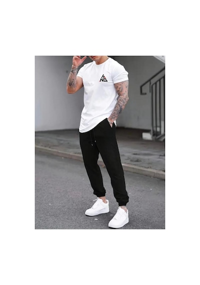 Medinenur Hng Baskılı T-shirt Eşofman Altı Jogger Rahat Kalıp Kırmızı Eşofman Takım Beyaz