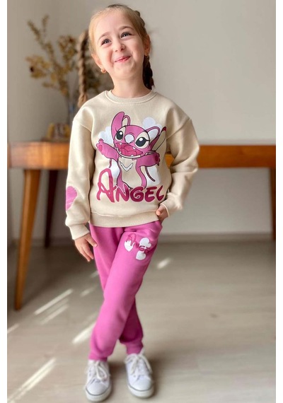 Riccotarz Kız Çocuk Stitch Karakter Ve Angel Yazı Baskılı Pembe Eşofman Takım Pembe