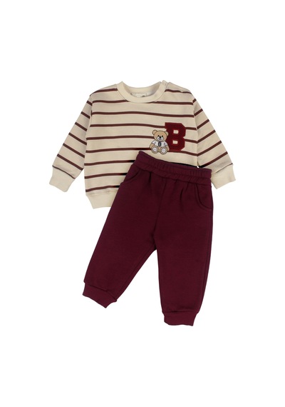 By Bebekodam Erkek Bebek Ayıcık Nakışlı Çizgili Sweatshirt Eşofman Takımı Mor