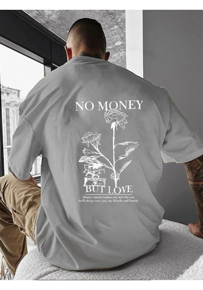 No Money Baskılı Oversize Tişört Gri
