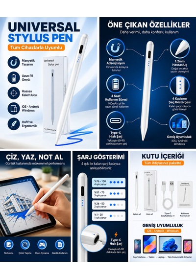 Universal Stylus Kalem Dokunmatik Tablet Telefon Kalemi İos Android Windows Uyumlu Type-c Şarjlı Pil Göstergeli İnce Uçlu Çizim Yazı Kalemi