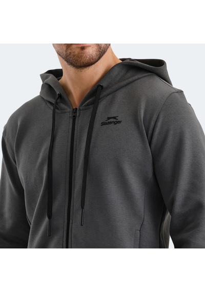 Slazenger VENDA Erkek Fermuarlı Kapüşonlu Cepli Koyu Gri Sweatshirt
