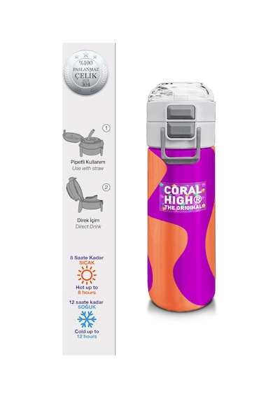 Coral High Kids Koyu Pembe Turuncu Desenli Pipetli Ve Direkt İçim Çelik Termos 500 Ml 31884 Koyu Pembe