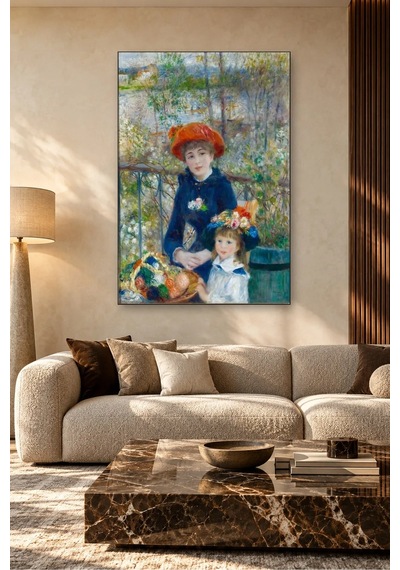 Fida Renoir Terasta Kırmızı Şapkalı İki Kız Kardeş Canvas Tablo Çok Renkli