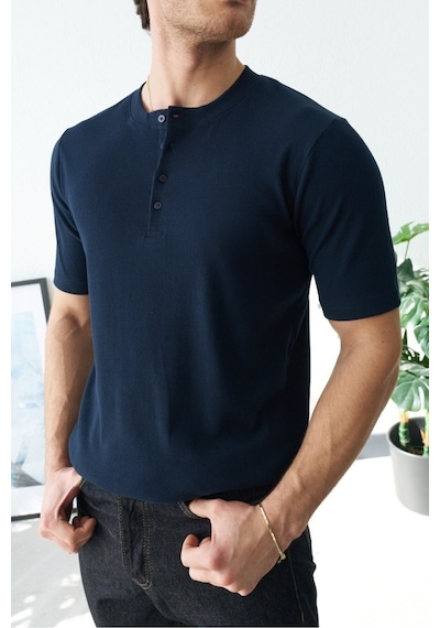 Baselco Premium Henley Yaka Beyaz T-shirt - Rib Dokulu Modern Fit Lacivert