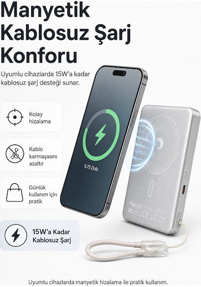 Ym307 10000 Mah Manyetik Kablosuz Powerbank 25w Pd Hızlı Şarj, 15w Kablosuz Şarj Ve 360 Döner Stand Gri