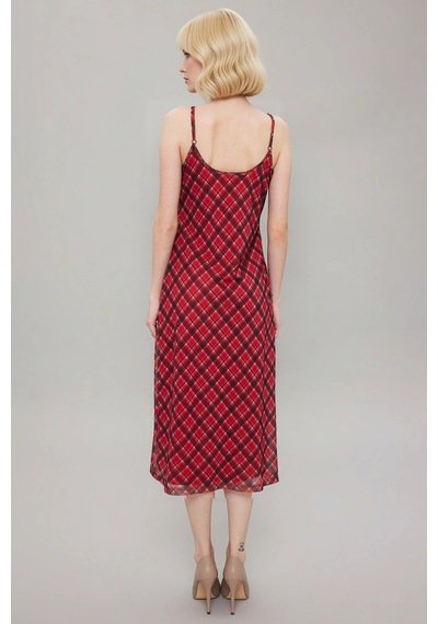 Benerly Kadın Kare Yaka Kolsuz Ekose Desenli Bodycon Kalıp Tül Maxi Elbis Kırmızı