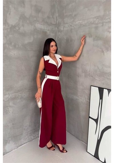 Neşeli Butik Kadın Bordo Çift Renkli Kemerli Şerit Detaylı Tam Boy Kolsuz Tulum Nbk087