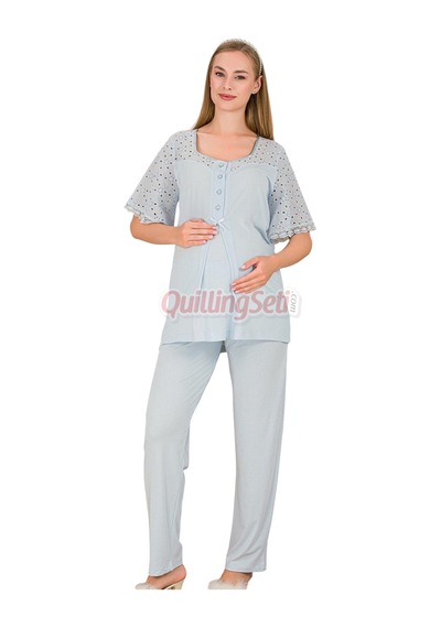 Lady Bebe Mavi Renkli Dantel Detaylı 33207 Kısa Kol 2 Parça Lohusa Hamile Pijama Takımı Açık Mavi