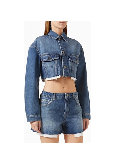 12storeez Cropped Denim Kadın Ceket, Ham Paça Ve 13.5oz Kumaşla Yazlık Şıklık Mavi
