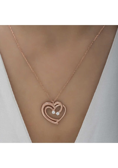 925 Ayar Gümüş Rose Birleşmiş Kalpler Kadın Kolye Gri