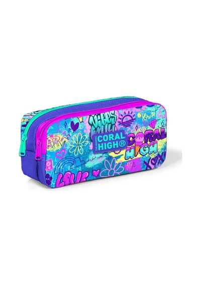 Coral High Kids Lavanta Su Yeşili Grafiti Desenli İki Bölmeli Kalem Çantası 22160 Çok Renkli