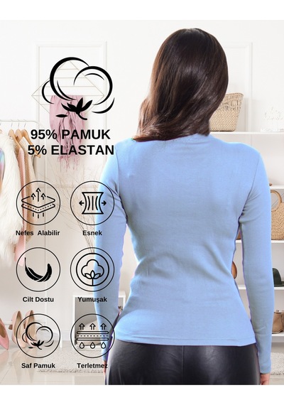 Alya Underwear Pamuklu Kaşkorse V Yaka Body Sweatshirt, Fitilli Kumaş Likralı Bluz, Asker Yeşili Badi Açık Mavi