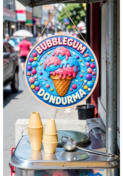 Bubblegum Dondurma Görselli Ahşap İpli Kapı Duvar Süsü Eğlence Merkezi Panosu