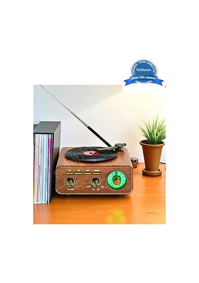 Nostaljik Tasarım Plak Çalar Görünümlü Radyolu Bluetooth Hoparlör Retro Müzik Plak Açık Kahverengi