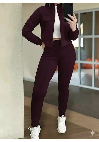 Adisia Kadın Uzun Kollu Önden Fermuarlı Kısa Modal Mor Ceket Ve Pantolon Ikili Takım Bordo