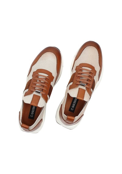 Erkek Taba Bej Bağcıklı Deri Sneaker
