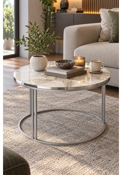 Sulorahome Efes Beyaz Mermer Desenli Yuvarlak Orta Sehpa 70 Cm