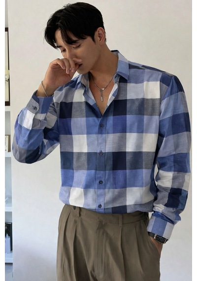 Erkek Ekose-kareli Gömlek Slim Fit Pamuk Karışımlı Klasik Tarz Uzun Kollu Gömlek Metalik