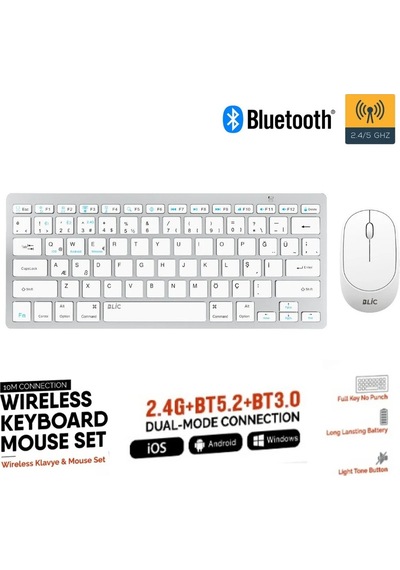 Miaxtreme Beyaz Kablosuz Zarif Sessiz Tasarım Dual Mode 2.4g+bt5.2 Klavye Mouse Set Apple Uyumlu iOs Android Windows