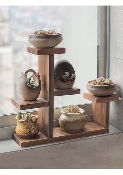 Ahşap Sukulent Ve Çiçek Standı - 5 Bölmeli Dekoratif Masaüstü Saksı Rafı - 25x25 Cm Kahverengi
