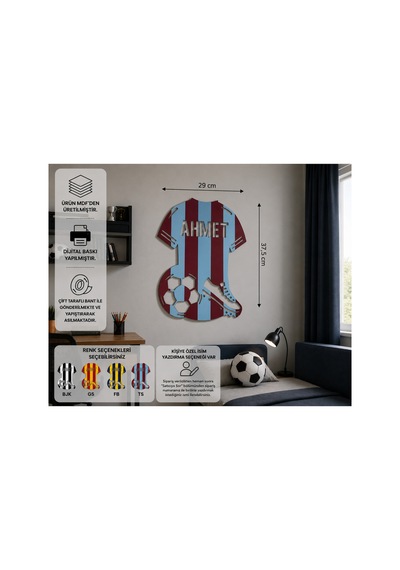 Kişiye Özel İsimli Futbol Forması Mdf Çocuk Odası Duvar Dekoru / Süsü Bordo - Mavi
