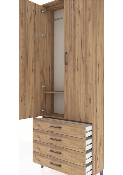 Arges Dolap 2 Raflı 4 Çekmeceli Tek Askılı 88x30x243 Çam-çam Atlas Çam