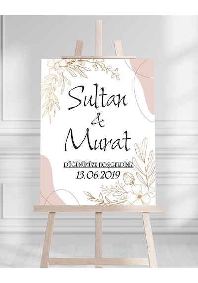 Söz Nişan Düğün İçin 50x70 Karşılama Panosu - Altın Çiçek Desenli 003 Beyaz