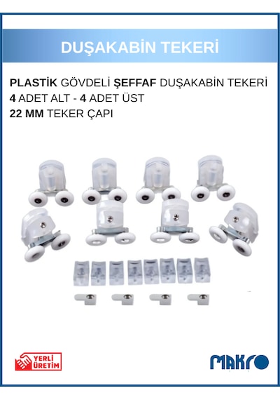 Duşakabin Tekerleği 8'li Cam Kabin Tekeri Rulman Şeffaf Plastik Gövdeli Bilyalı Çift Tekerlekli Beyaz - Şeffaf