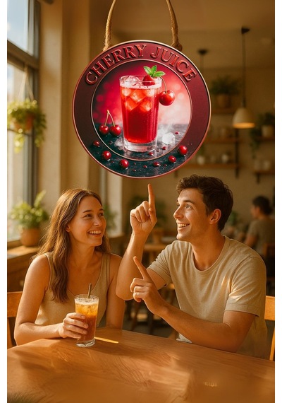 Cherry Juice Temalı Kapı Süsü Tablosu, Vişne Suyu Konseptli Uv Baskılı Renkli Cafe Duvar Dekoru