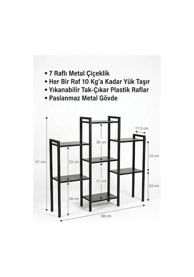 7 Raflı Paslanmaz Metal Çiçeklik Yıkanabilir Raflar Çok Amaçlı Raf Bitki Çiçek Standı Siyah Diğer