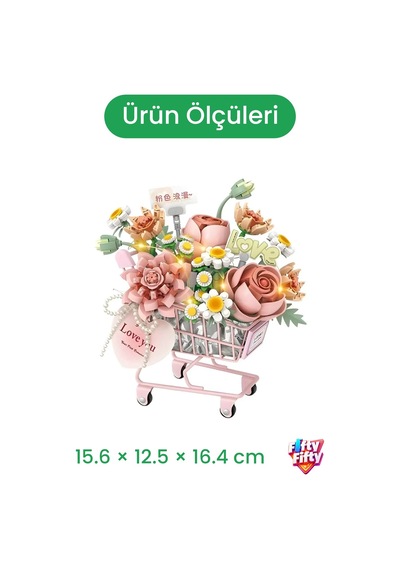 Loz Creative Serisi Ledli Pembe Çiçekli Sepet Figürü 584 Parça Blok Oyuncak Dekoratif Yapım Seti -4124